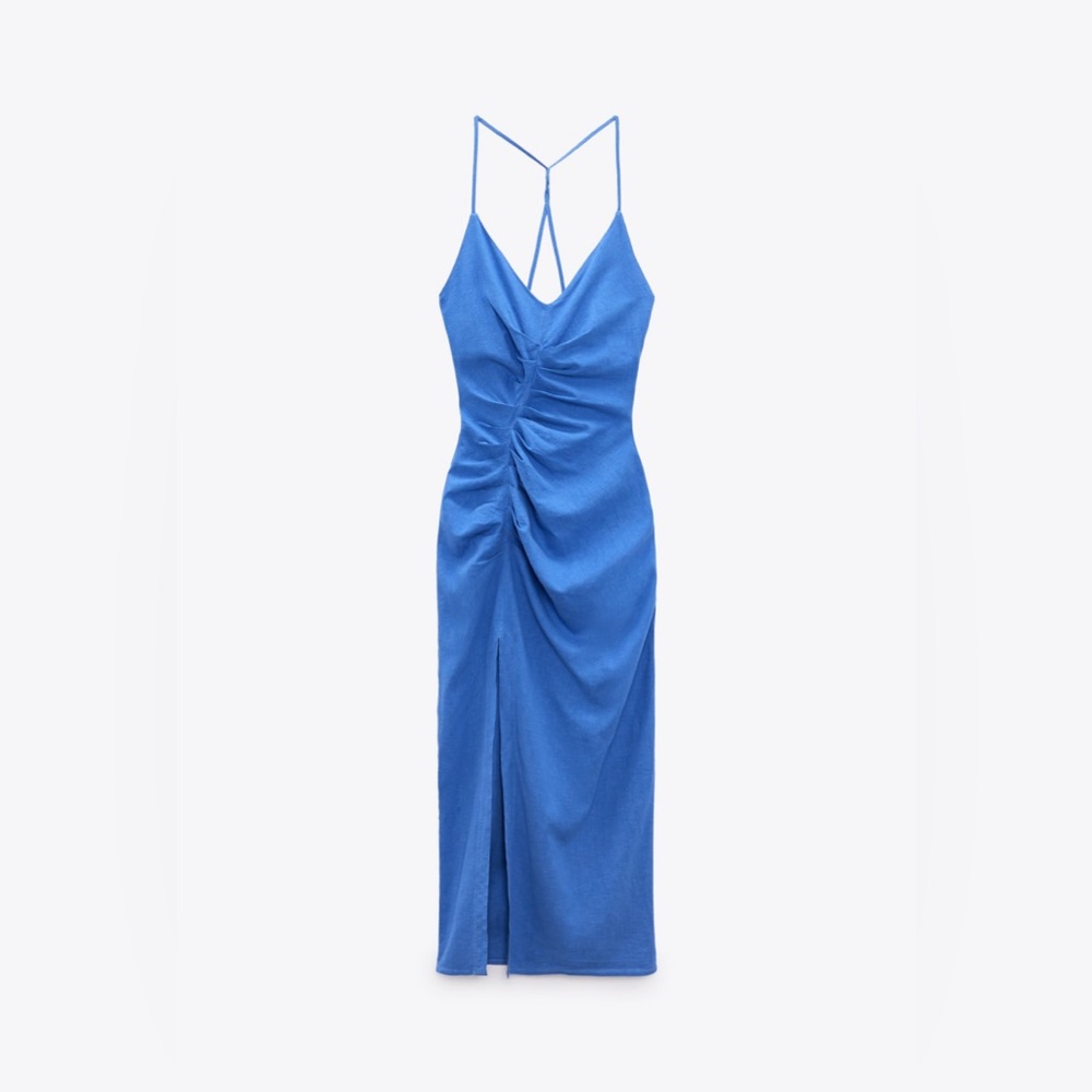 zara ruched linen blend blue midi dress